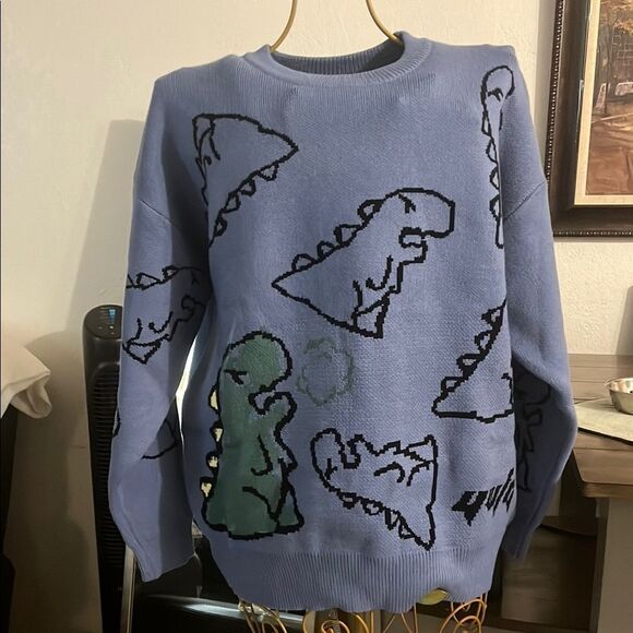 Blue Sweater crewneck with Dinosaur Pattern Unisex oversized - Picture 1 of 5
